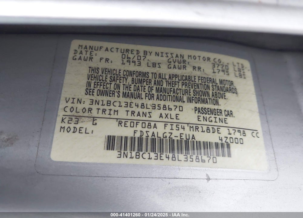 2008 NISSAN VERSA 1.8SL VIN: 3N1BC13E48L358670