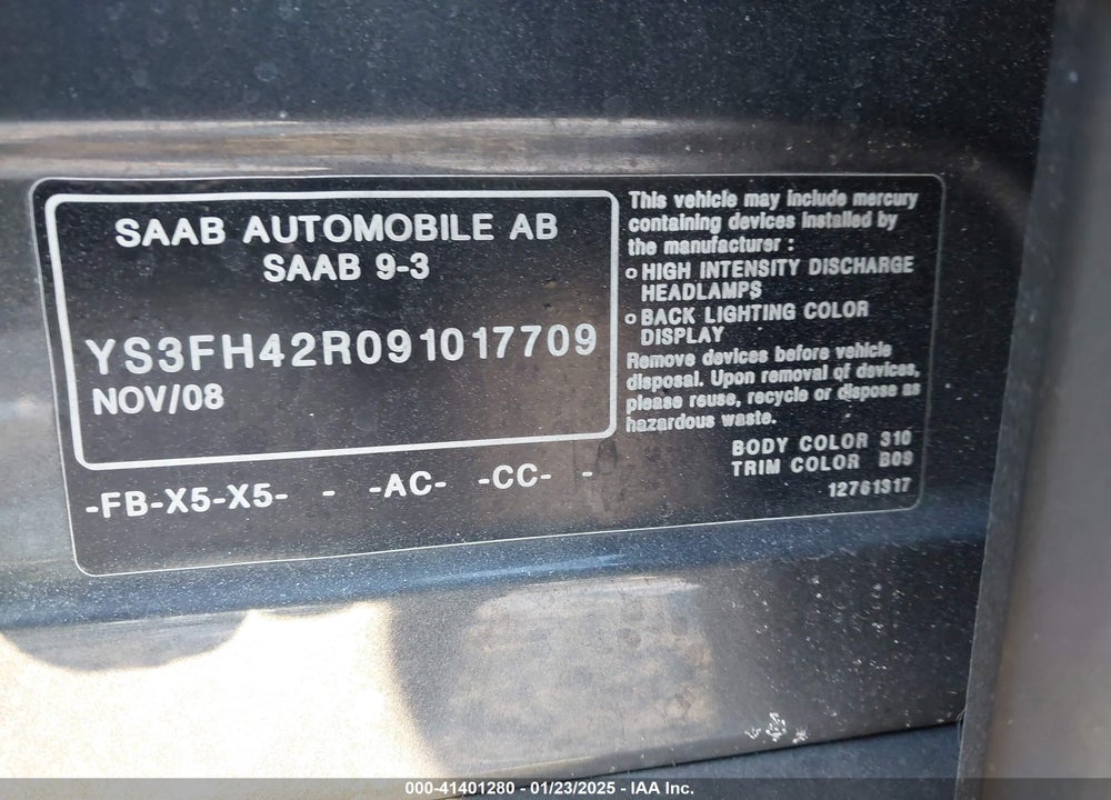 2009 SAAB 9 3 VIN: YS3FH42R091017709
