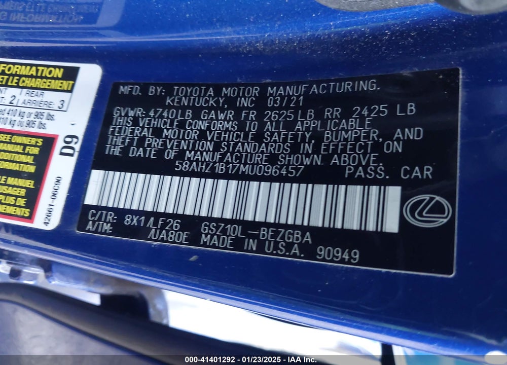 2021 LEXUS ES 350 VIN: 58AHZ1B17MU096457