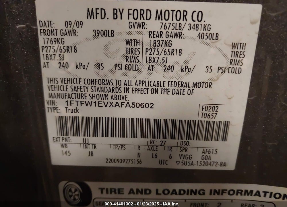 2010 FORD F-150 FX4/HARLEY-DAVIDSON/KING RANCH/LARIAT/PLATINUM/XL/XLT VIN: 1FTFW1EVXAFA50602