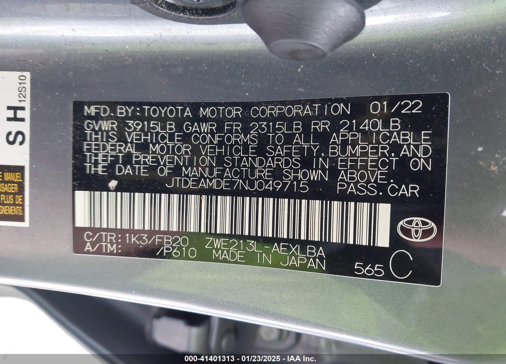 2022 TOYOTA COROLLA VIN: JTDEAMDE7NJ049715
