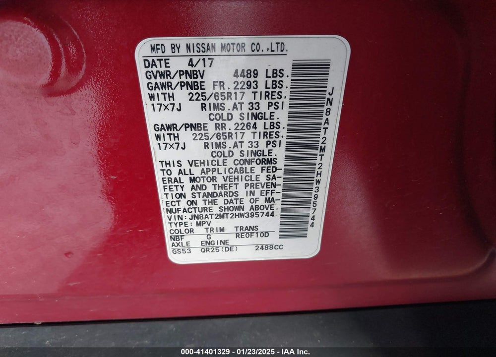 2017 NISSAN ROGUE SV VIN: JN8AT2MT2HW395744