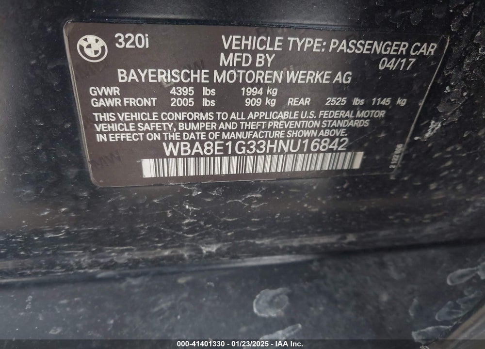 2017 BMW 320I VIN: WBA8E1G33HNU16842