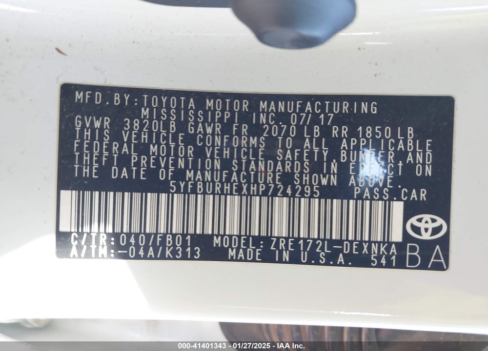 2017 TOYOTA COROLLA VIN: 5YFBURHEXHP724295