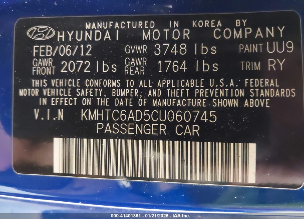 2012 HYUNDAI VELOSTER VIN: KMHTC6AD5CU060745