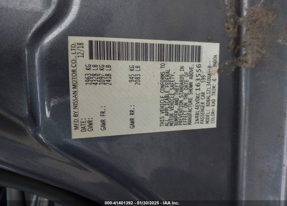 2019 NISSAN ALTIMA VIN: 1N4BL4EV0KC163556