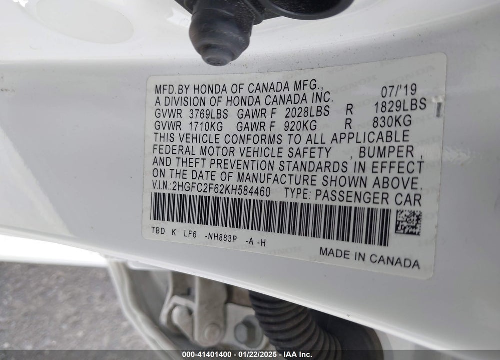 2019 HONDA CIVIC LX VIN: 2HGFC2F62KH584460