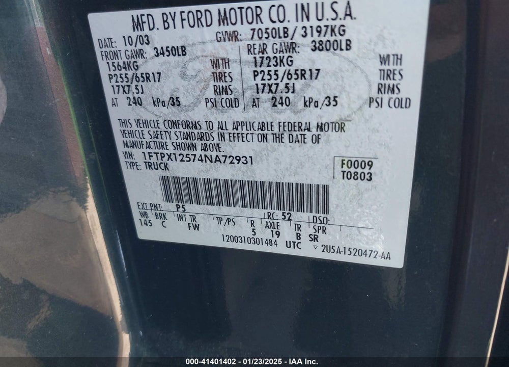 2004 FORD F-150 LARIAT/XL/XLT VIN: 1FTPX12574NA72931