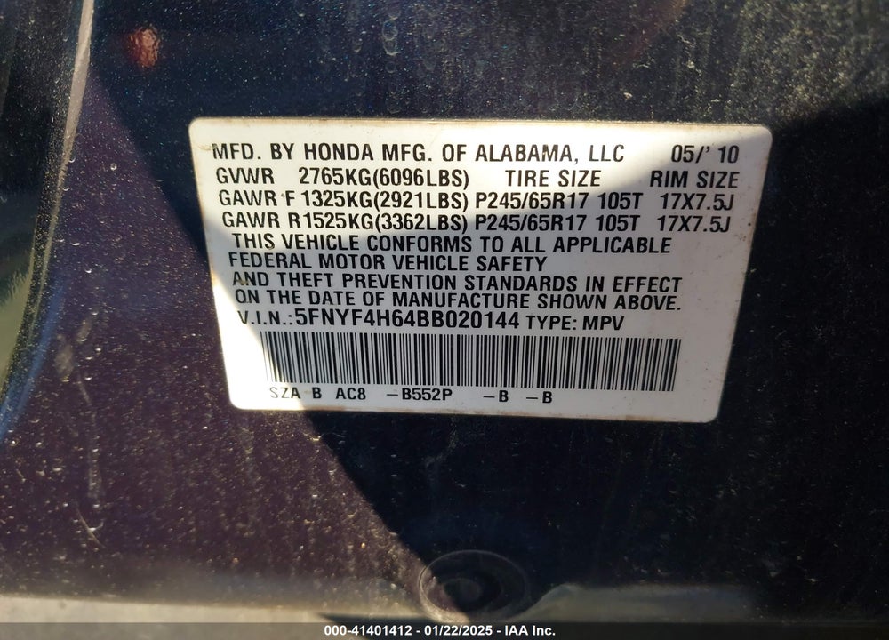 2011 HONDA PILOT EX-L VIN: 5FNYF4H64BB020144