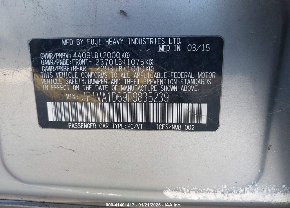 2015 SUBARU WRX VIN: JF1VA1D69F9835239