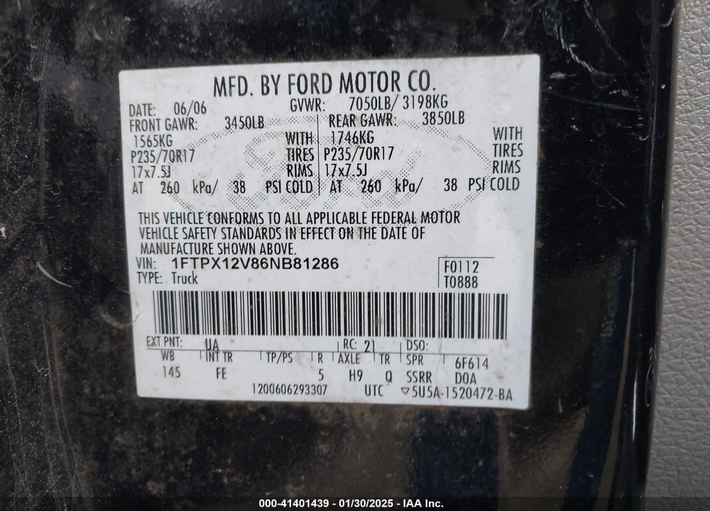 2006 FORD F150 VIN: 1FTPX12V86NB81286