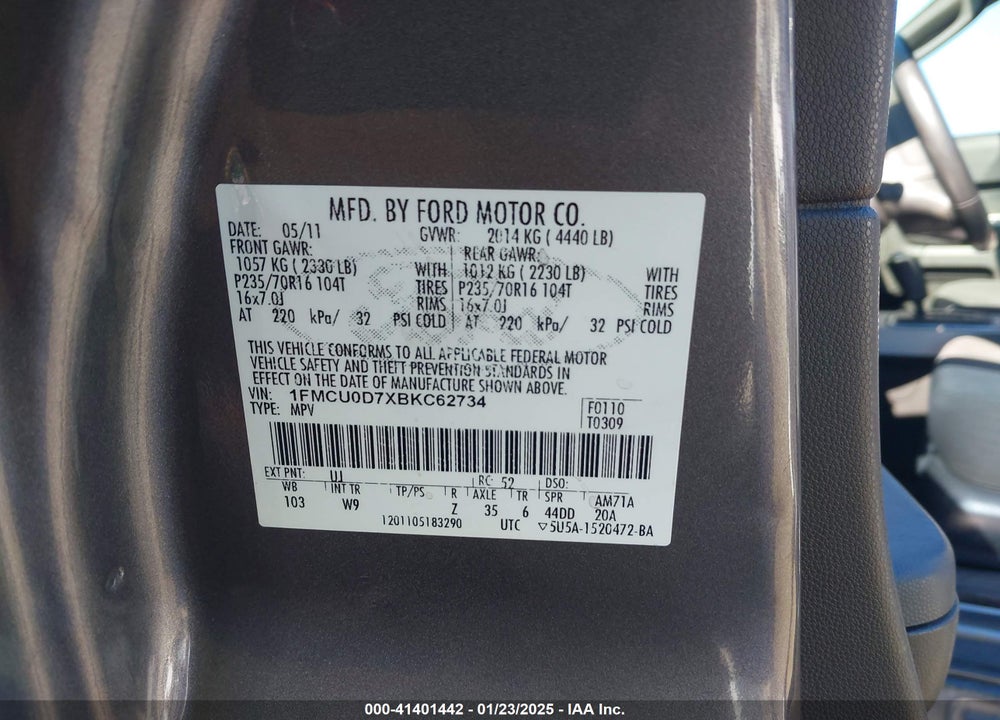 2011 FORD ESCAPE XLT VIN: 1FMCU0D7XBKC62734