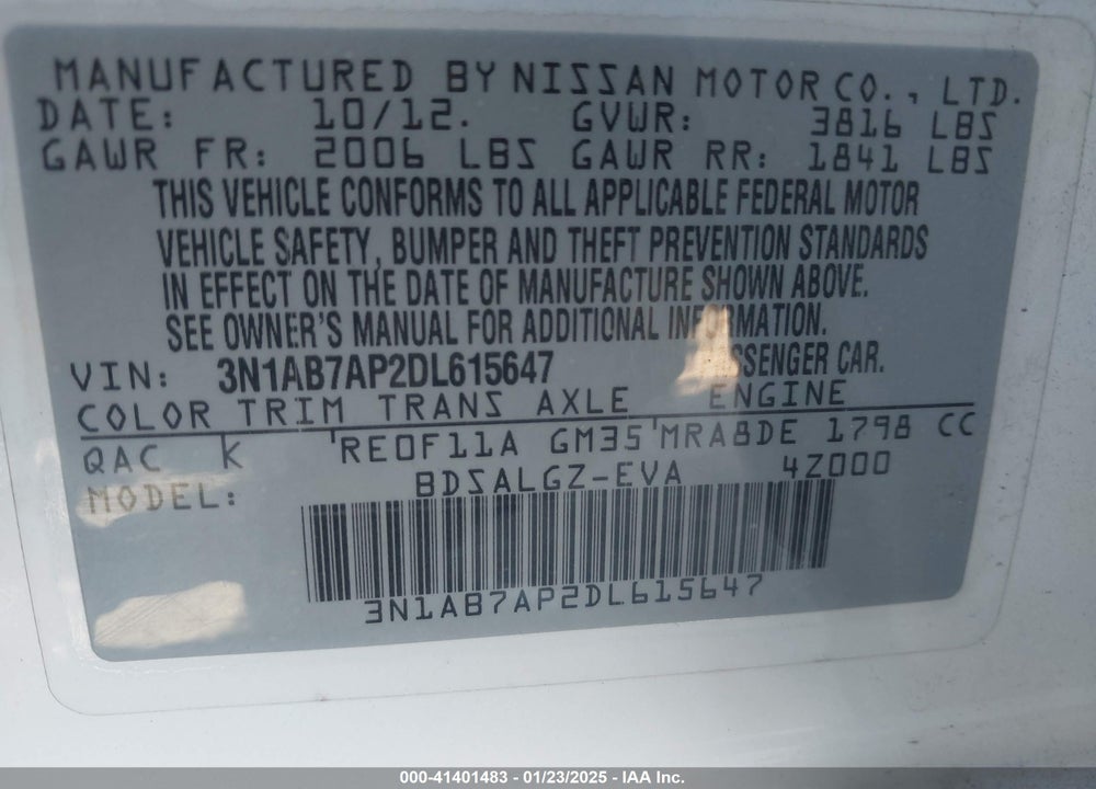 2013 NISSAN SENTRA VIN: 3N1AB7AP2DL615647