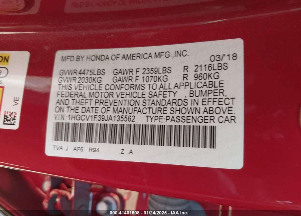 2018 HONDA ACCORD SPORT VIN: 1HGCV1F39JA135562