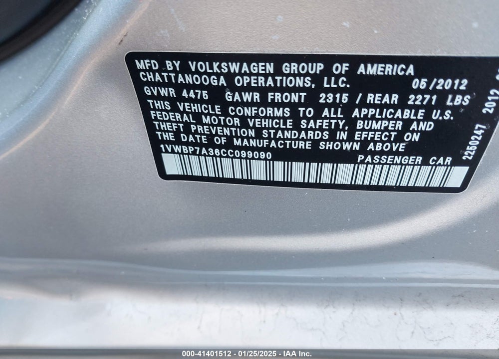 2012 VOLKSWAGEN PASSAT 2.5L SE VIN: 1VWBP7A36CC099090