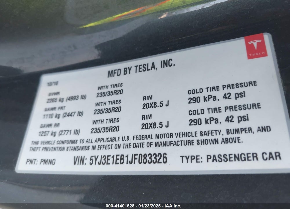 2018 TESLA MODEL 3 VIN: 5YJ3E1EB1JF083326