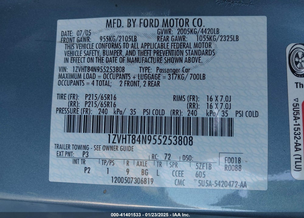2005 FORD MUSTANG VIN: 1ZVHT84N955253808