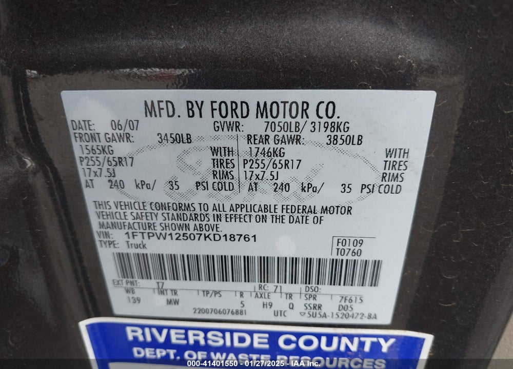 2007 FORD F-150 LARIAT/XLT VIN: 1FTPW12507KD18761