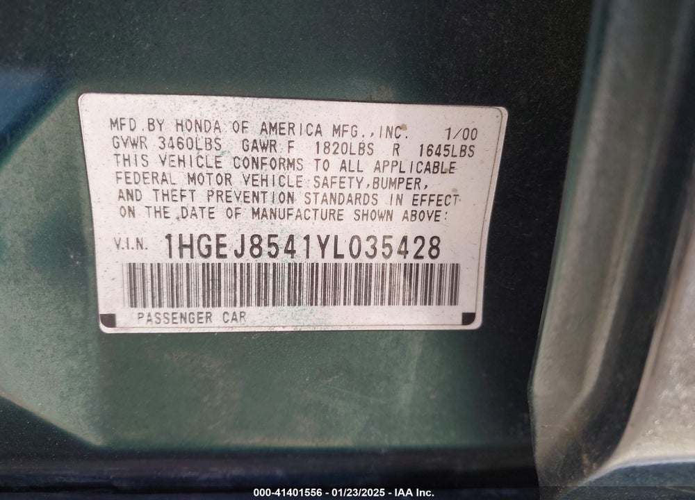 2000 HONDA CIVIC EX VIN: 1HGEJ8541YL035428