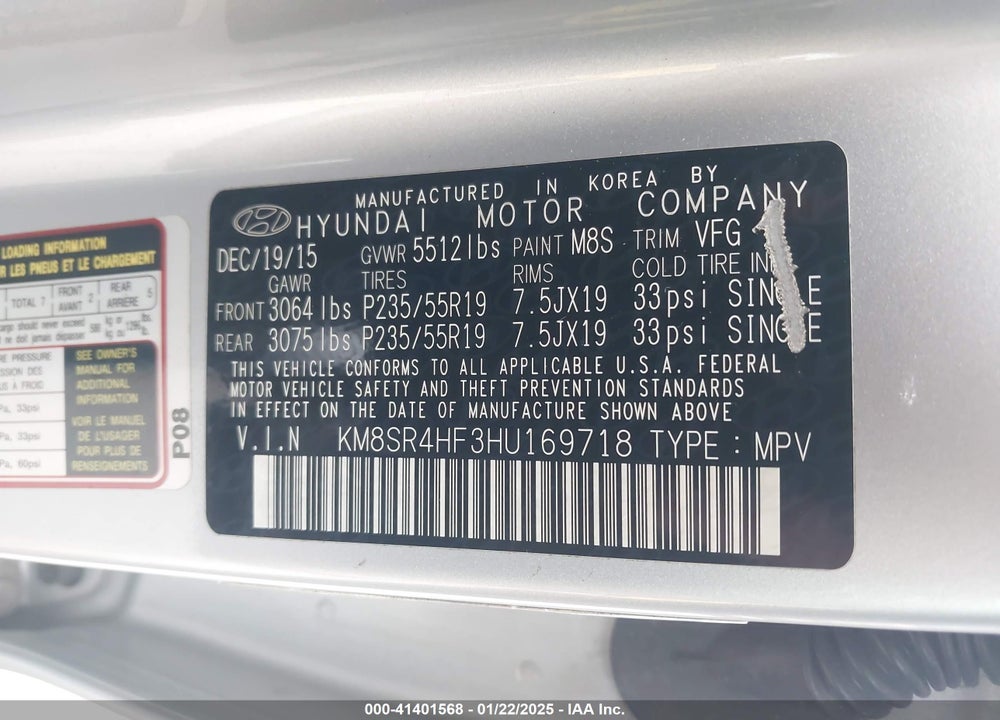 2017 HYUNDAI SANTA FE SE ULTIMATE VIN: KM8SR4HF3HU169718