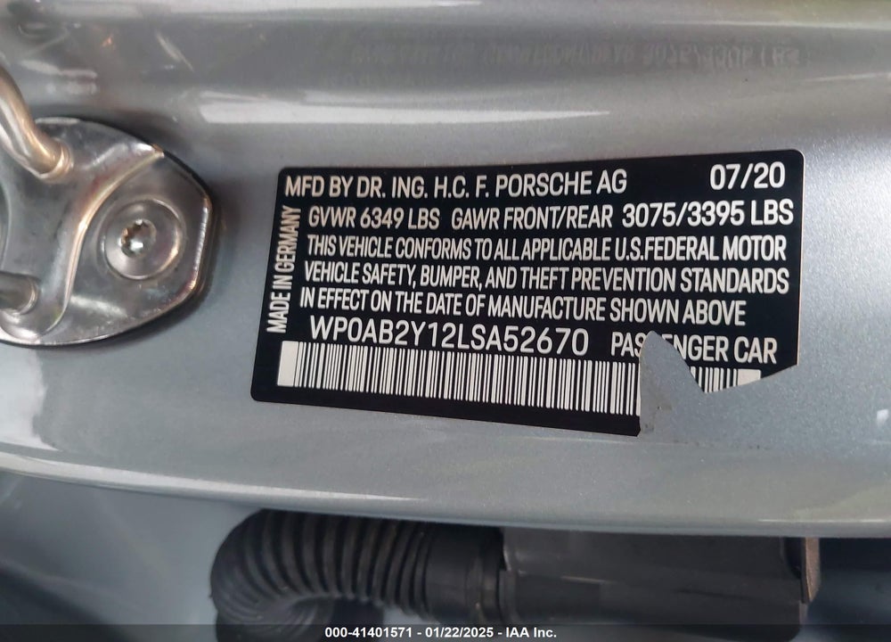 2020 PORSCHE TAYCAN VIN: WP0AB2Y12LSA52670