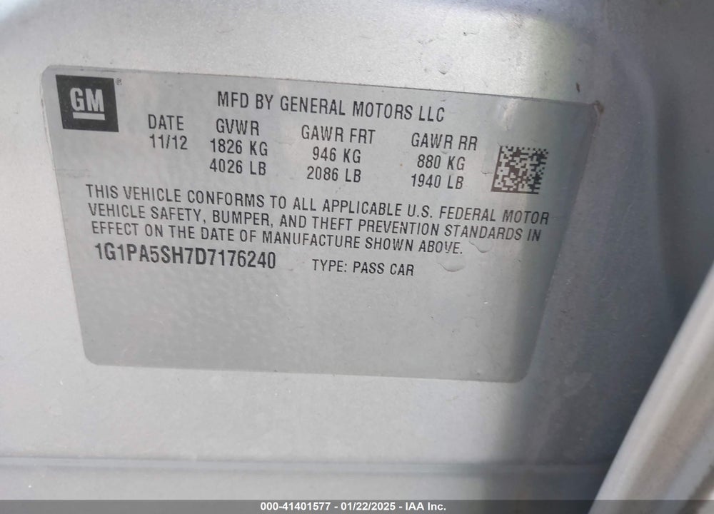 2013 CHEVROLET CRUZE LS AUTO VIN: 1G1PA5SH7D7176240