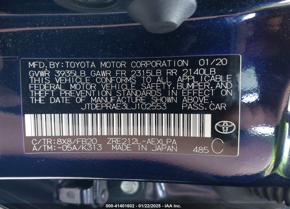 2020 TOYOTA COROLLA VIN: JTDEPRAE3LJ102553