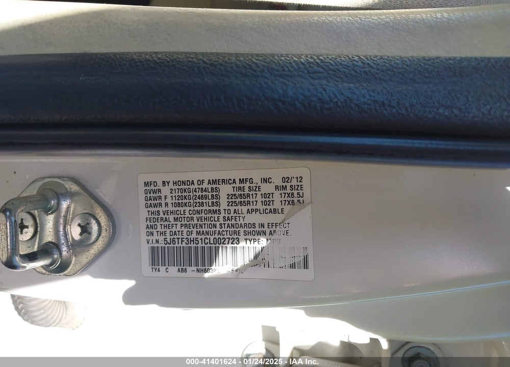2012 HONDA CROSSTOUR 2.4 EX-L VIN: 5J6TF3H51CL002723