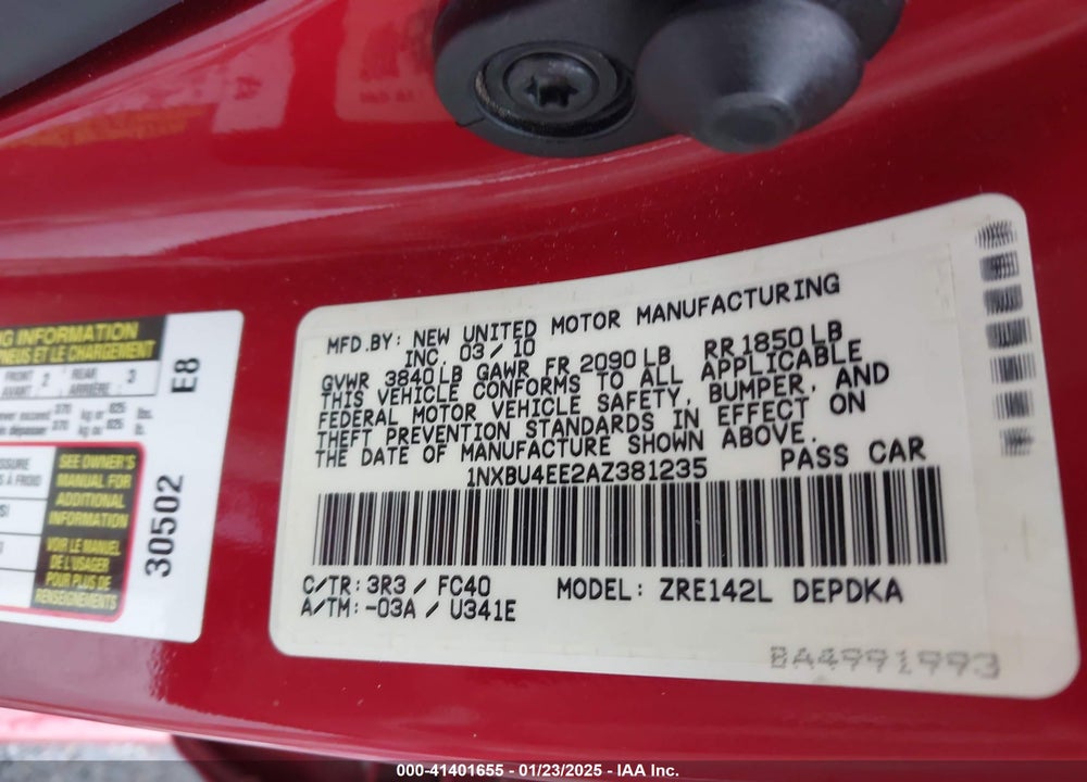 2010 TOYOTA COROLLA VIN: 1NXBU4EE2AZ381235