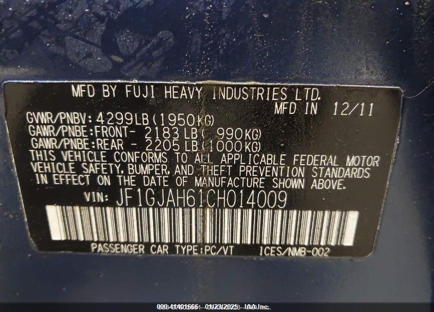 2012 SUBARU IMPREZA VIN: JF1GJAH61CH014009