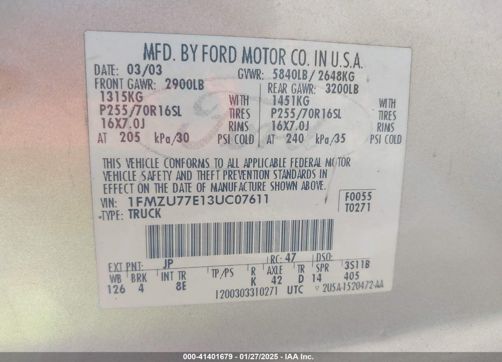 2003 FORD EXPLORER SPORT TRAC XLS/XLT VIN: 1FMZU77E13UC07611