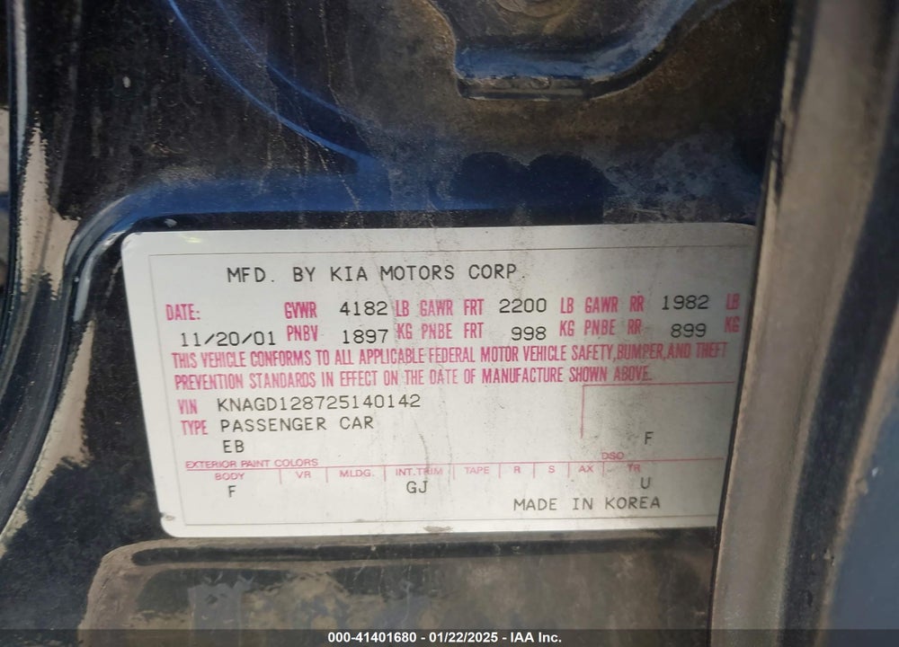 2002 KIA OPTIMA LX V6/SE V6 VIN: KNAGD128725140142