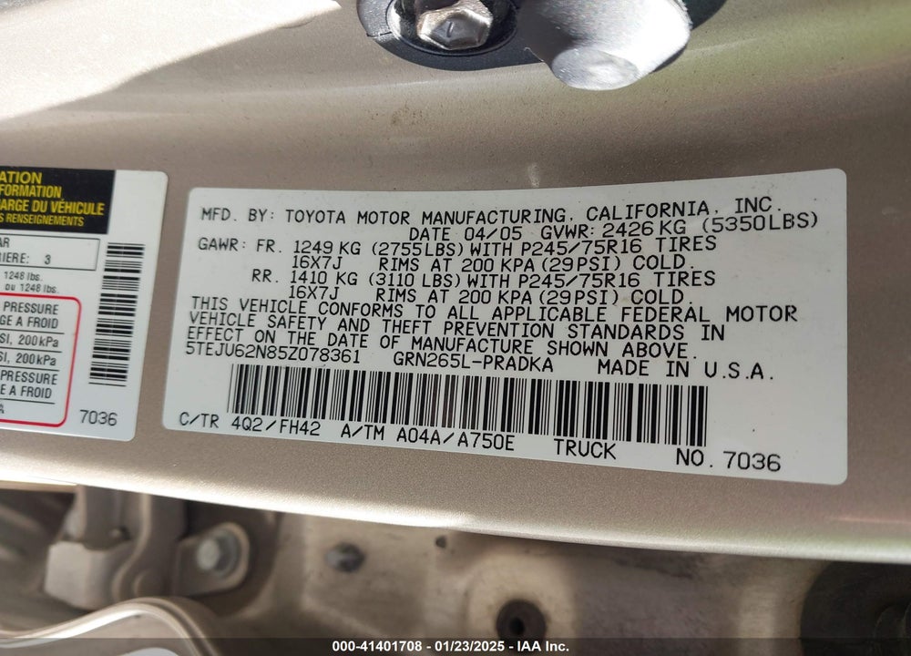2005 TOYOTA TACOMA PRERUNNER V6 VIN: 5TEJU62N85Z078361