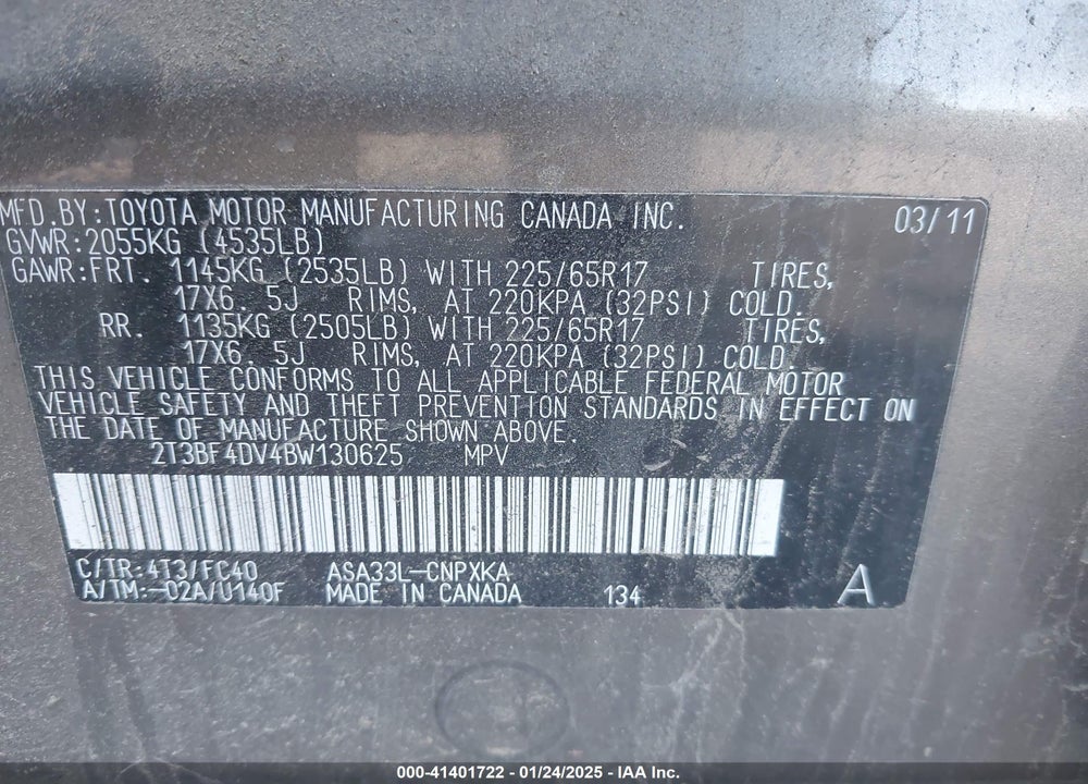 2011 TOYOTA RAV4 VIN: 2T3BF4DV4BW130625