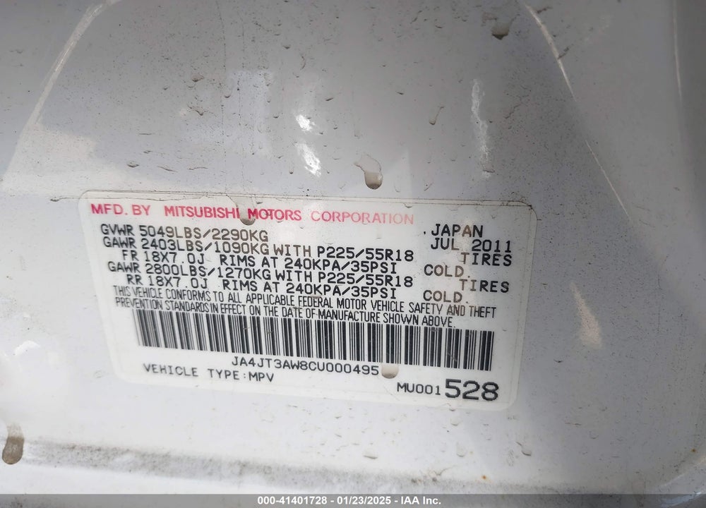 2012 MITSUBISHI OUTLANDER VIN: JA4JT3AW8CU000495