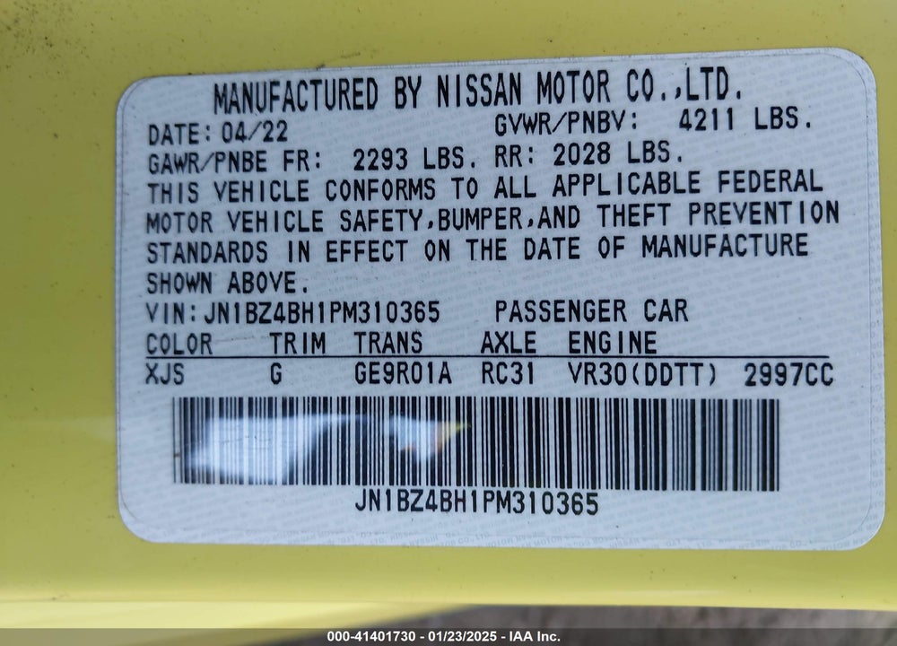 2023 NISSAN Z PROTO SPEC AUTO VIN: JN1BZ4BH1PM310365