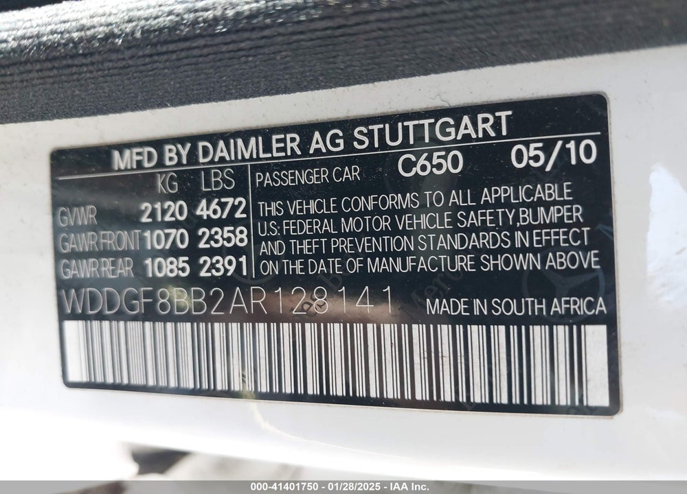 2010 MERCEDES-BENZ C VIN: WDDGF8BB2AR128141