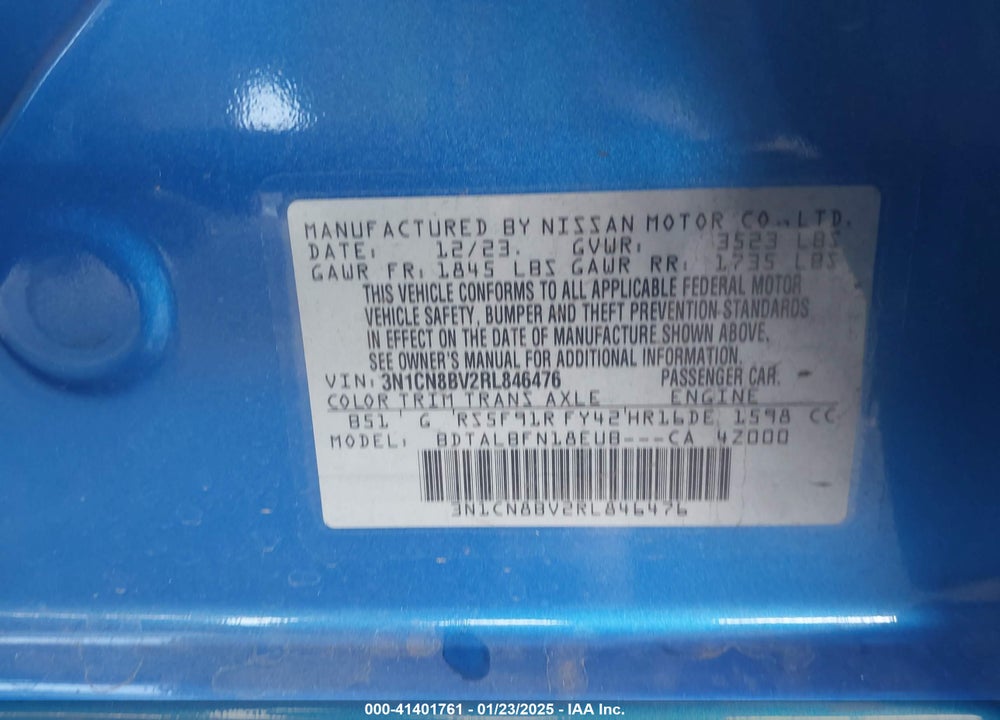 2024 NISSAN VERSA VIN: 3N1CN8BV2RL846476