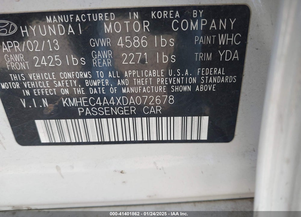 2013 HYUNDAI SONATA HYBRID VIN: KMHEC4A4XDA072678