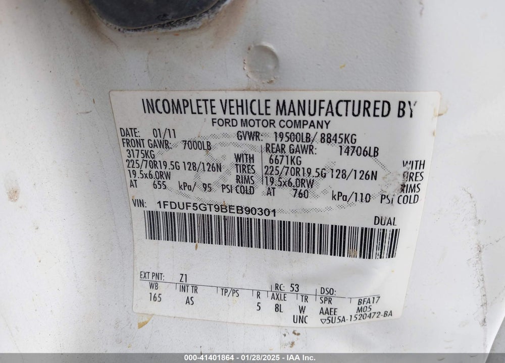 2011 FORD F-550 CHASSIS XL VIN: 1FDUF5GT9BEB90301