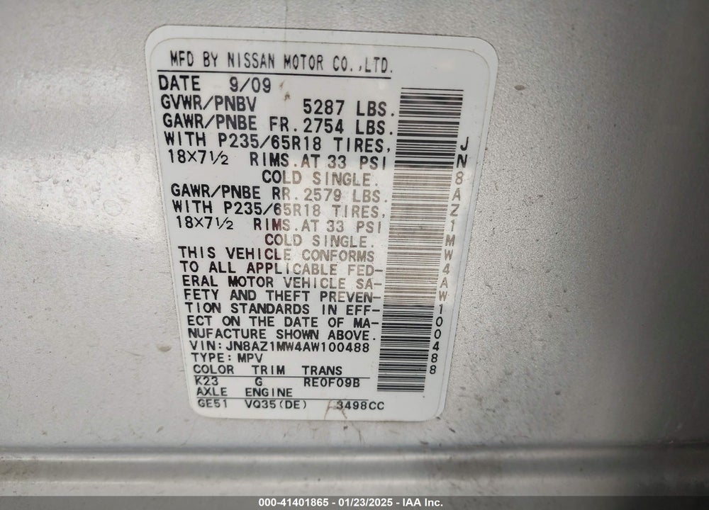 2010 NISSAN MURANO SL VIN: JN8AZ1MW4AW100488