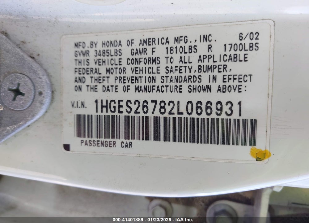 2002 HONDA CIVIC EX VIN: 1HGES26782L066931