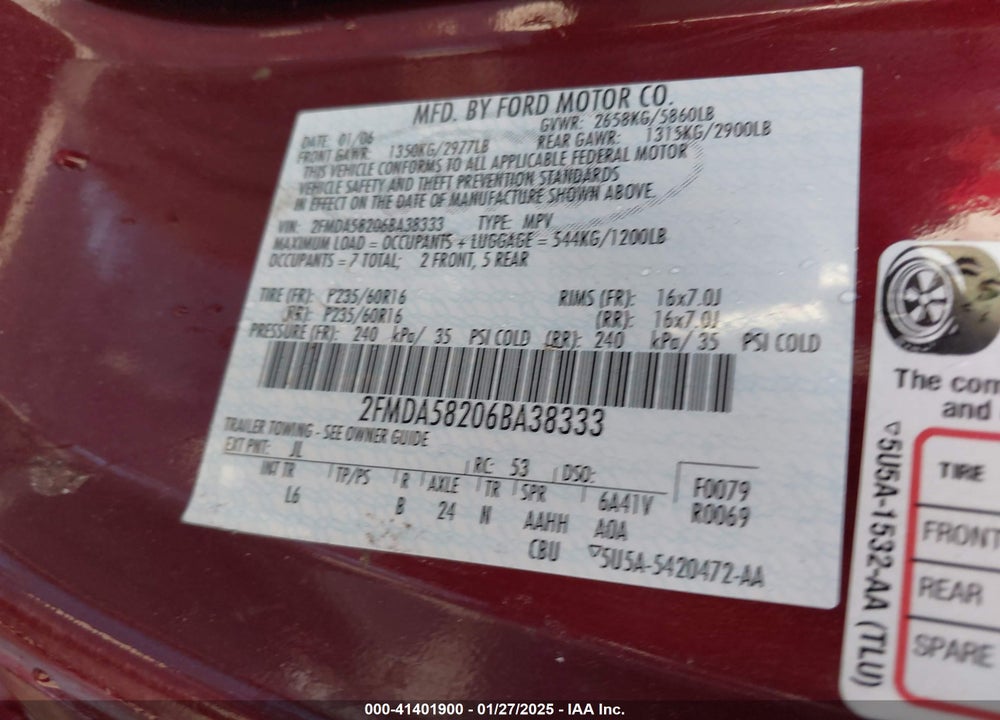 2006 FORD FREESTAR LIMITED VIN: 2FMDA58206BA38333