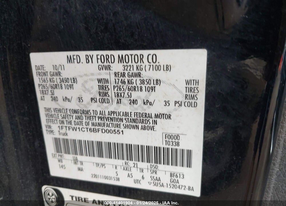 2011 FORD F-150 XLT VIN: 1FTFW1CT6BFD00551