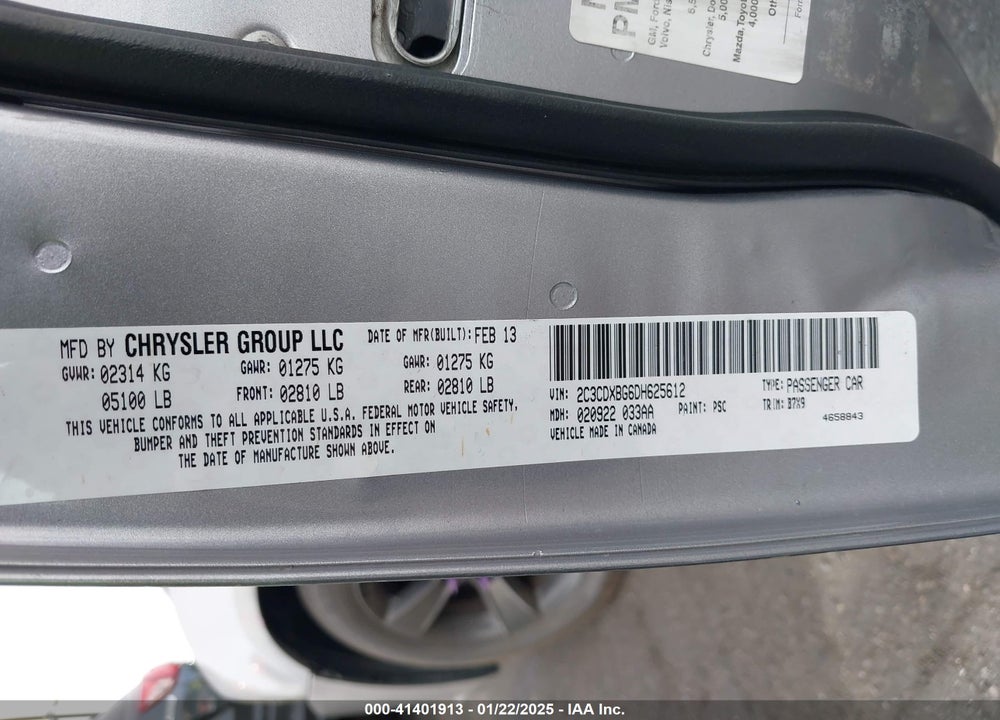 2013 DODGE CHARGER SE VIN: 2C3CDXBG6DH625612