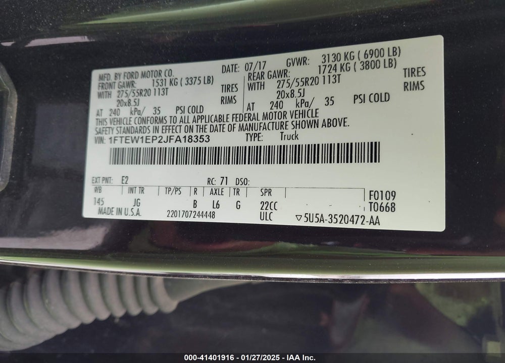 2018 FORD F-150 VIN: 1FTEW1EP2JFA18353