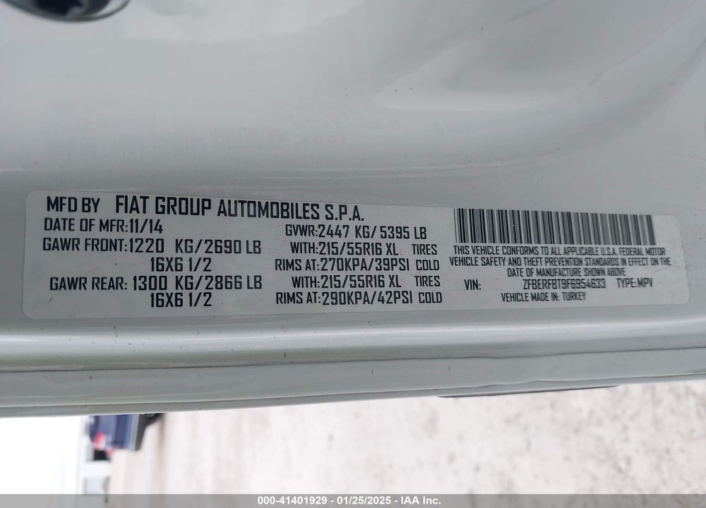 2015 RAM PROMASTER CITY TRADESMAN SLT VIN: ZFBERFBT9F6954633