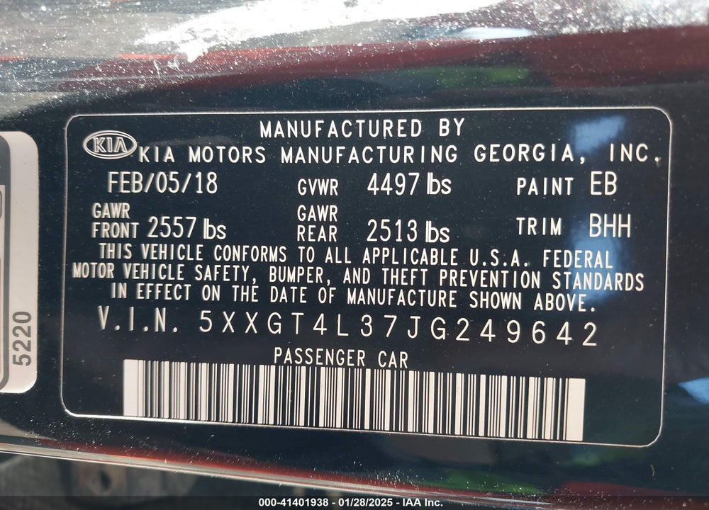 2018 KIA OPTIMA VIN: 5XXGT4L37JG249642