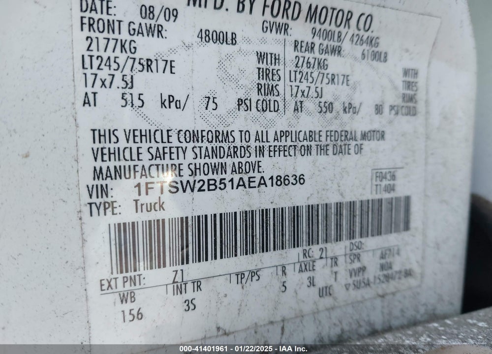 2010 FORD F-250 CABELA'S/KING RANCH/LARIAT/XL/XLT VIN: 1FTSW2B51AEA18636