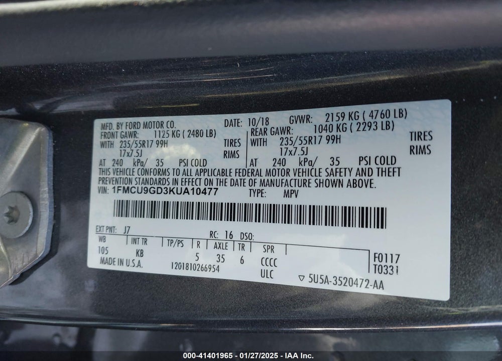 2019 FORD ESCAPE SE VIN: 1FMCU9GD3KUA10477
